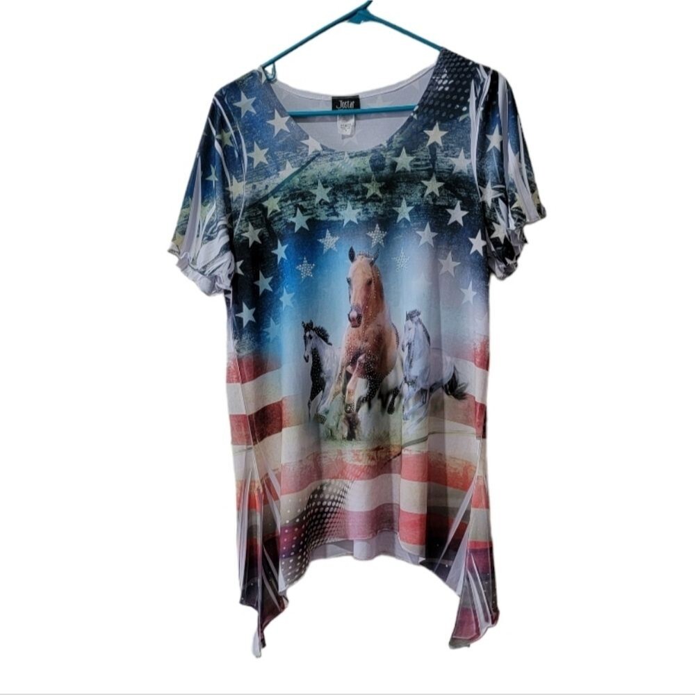 Jostar western patriotic blouse top size M Horses studded short sleeves *